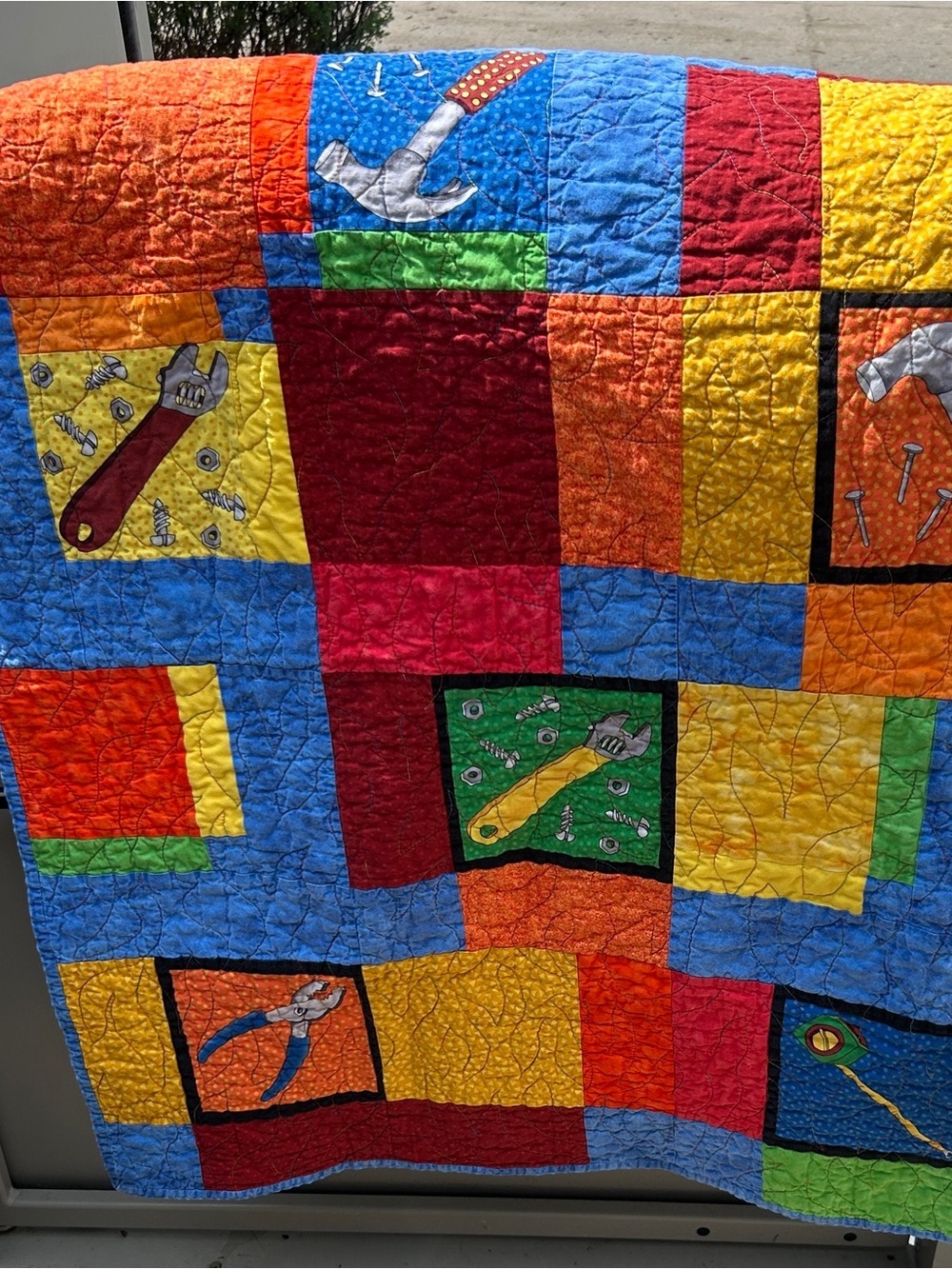 Crib size Handmade Tool-Themed Patchwork Quilt - Bright Multicolor